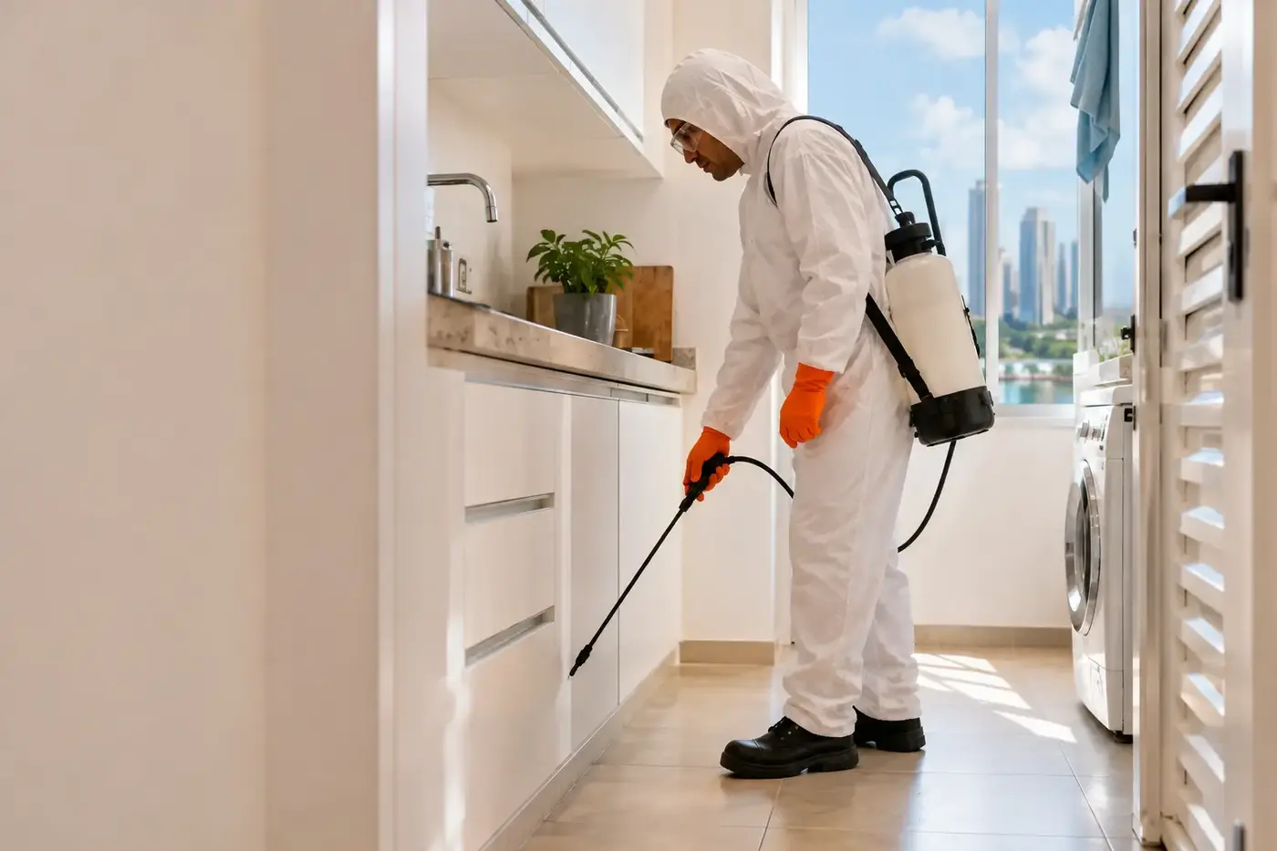 Profissional realizando controle de pragas em ambiente residencial
